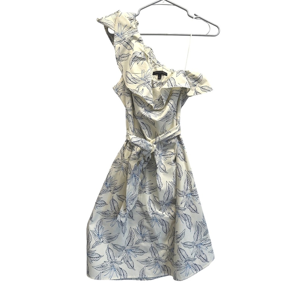 Banana Republic One Shoulder Dress Ruffle Tropical Leaf S Cream Blue Women